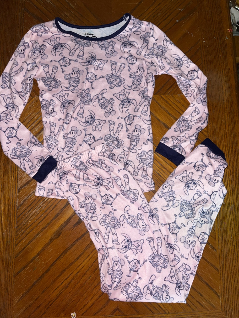 Disney Pink Character Line-Art Pajama Set with Navy Cuffs